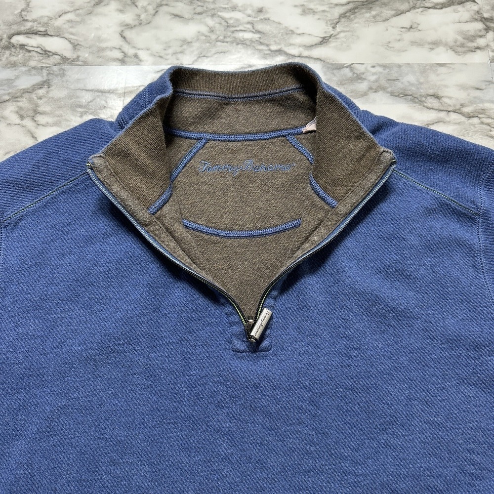 Tommy Bahama Men's Sweater L Blue Brown Long Sleeve 1/4 Zip Pullover Reversible - Picture 3 of 10